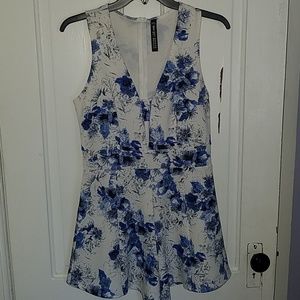 Blue and white floral romper